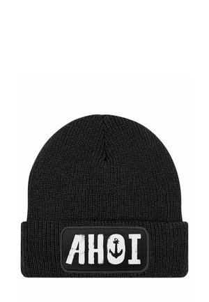 Black knit beanie featuring a fold-up cuff. A textured patch displays "AHOI" with an anchor graphic in white.