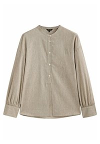 Chemise légère à manches longues rayée beige et blanche avec un col rond, une patte de boutonnage et des manches resserrées aux poignets.