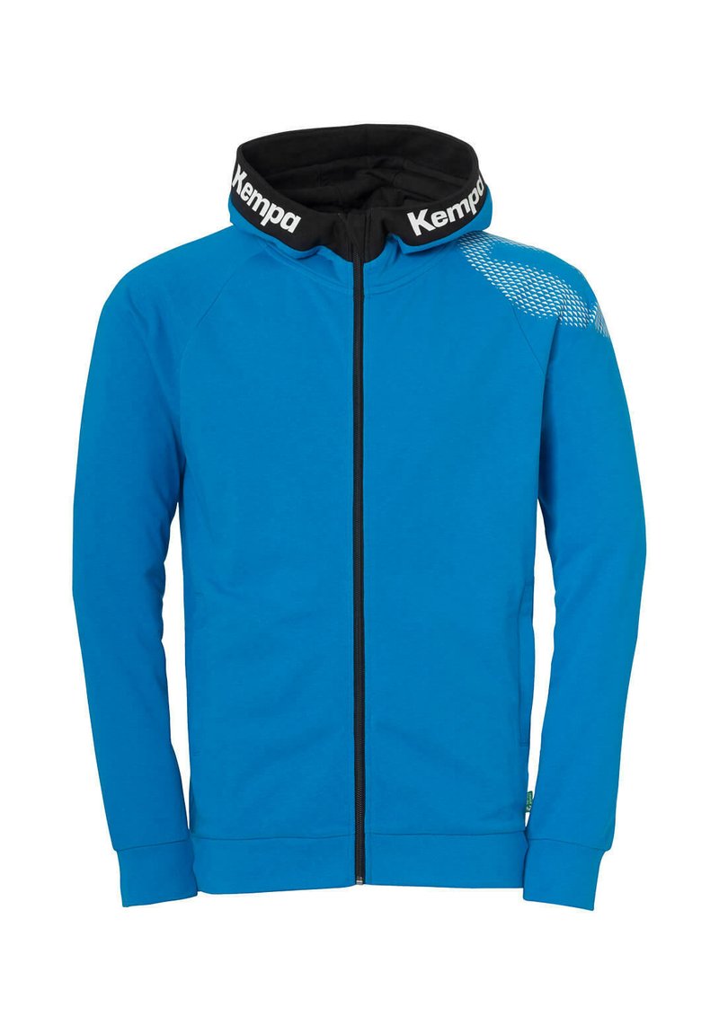 Blauwe zip-up hoodie met een zwarte capuchon en kraag. Heeft een gestructureerd patroon op de rechter schouder en bijpassende manchetten. Voorzien van een rits aan de voorkant.