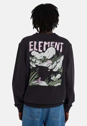 Person trägt schwarzen Pullover mit dem Schriftzug "ELEMENT" und einer Natur-Szene auf dem Rücken, die Berge, Bäume, ein Zelt und einen Frosch zeigt.