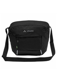 Schwarze Umhängetasche aus strapazierfähigem Stoff. Verfügt über ein großes Hauptfach, eine vordere Reißverschlusstasche, einen verstellbaren Tragegurt und reflektierende Akzente.