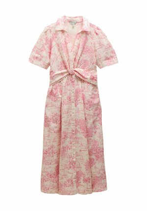Button-up dress in light pink with white floral and sailboat pattern. Short sleeves, fitted bodice, and knotted waist detail.