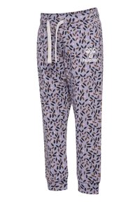 Lila joggers med ett bladmönster i mörkgrön, brun och rosa, med dragsko i midjan och ribbade muddar. Hummel-logotyp på framsidan.