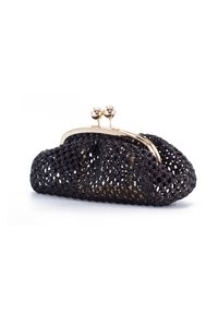 Borsa a pochette intrecciata nera con una cornice metallica dorata e due chiusure sferiche. Superficie textured con una leggera lucentezza, forma arrotondata.
