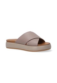 Lys mauve lædersandal med tværgående remdesign, glat tekstur, lav platformssål og lysebrune gummisåler.