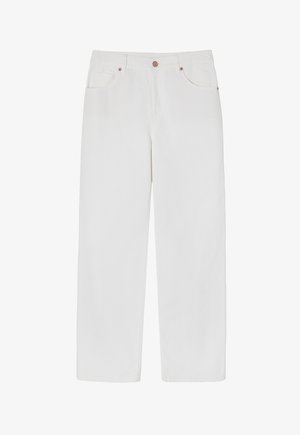 Valged denimpüksid sirge lõikega, millel on kaks esiosakotti, nupclosure ja nõrgad õmblusdetailid.