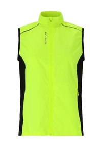 Neon gele mouwloze vest met een voorkeursrits, zwarte zijpanelen, reflecterende rand en de tekst "ELITE Lab" op de borst.
