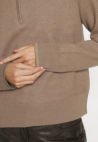 Brązowy sweter dziany z półzamkiem przy kołnierzu, ściągaczami z wielokolorowymi paskami akcentowymi oraz dopasowanym dołem.