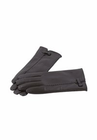 Bruine leren handschoenen met een gladde textuur, voorzien van een decoratieve strik en contrasterende stiksels langs de naden. Klassieke vorm en design.