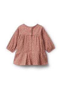 Růžové šaty s dlouhými rukávy, strukturovaná tkanina, tečkovaný vzor, rozšířený lem a knoflíkové zapínání na zádech.