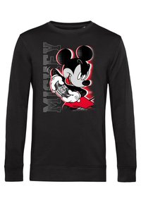 Sudadera negra con un gráfico de Mickey Mouse sosteniendo un controlador de videojuegos. El diseño incluye colores llamativos, con acentos rojos y texto.