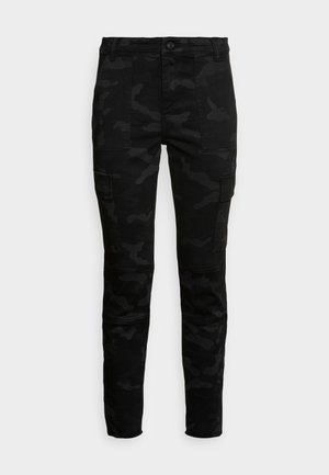 Black camouflage slim-fit cargo pants with button closure, belt loops, front patch pockets, and side flap pockets.