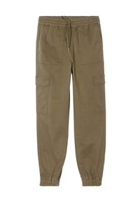 Pantalon cargo vert olive, en mélange de coton. Doté d'une taille élastique, d'un cordon de serrage ajustable et de plusieurs poches latérales avec poignets ajustés.