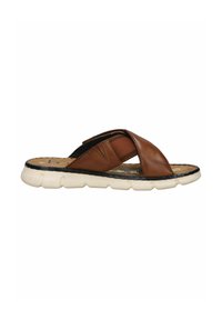 Brune skinn sandaler med kryssremmer, polstret såle og fleksibel hvit såle. Teksturerte detaljer forbedrer det samlede designet.