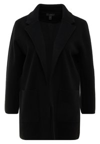 Svart cardigan med sjalkrage, öppen front och två framfickor. Tillverkad av ett mjukt stickat material, har en avslappnad passform och långa ärmar.