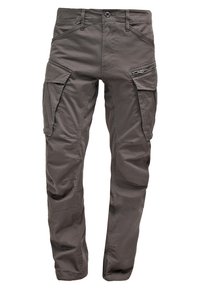Pantalon cargo gris en tissu résistant, doté de plusieurs poches, d'une poche latérale zippée et d'une coupe droite.