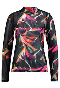 Långärmad topp med hög hals, tillverkad av genomskinligt tyg med ett flerfärgat bladmönster i nyanser av rosa, grönt och orange på en mörk bakgrund.
