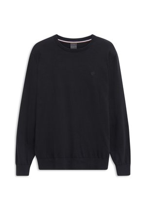 Schwarzer Langarm-Pullover mit Rundhalsausschnitt und gerippten Bündchen und Saum, ausgestattet mit einem kleinen gestickten Logo auf der linken Brust.