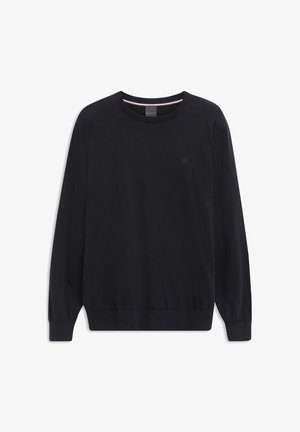 Schwarzer Langarm-Pullover mit Rundhalsausschnitt und gerippten Bündchen und Saum, ausgestattet mit einem kleinen gestickten Logo auf der linken Brust.