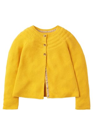 Gul strikket cardigan med rund halsudskæring, tekstureret stof, fire brune knapper og en delt forside. Letvægtig og afslappet pasform.