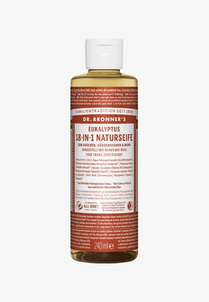 Botella de plástico transparente de jabón de eucalipto de Dr. Bronner's, con texto rojo y blanco, 240 ml, que cuenta con una tapa abatible y una lista de ingredientes detallada.