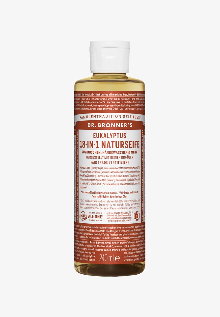 Heldere plastic fles van Dr. Bronner's eucalyptuszeep, met rode en witte tekst, 240 ml, voorzien van een flip-top dop en een gedetailleerde ingrediëntenlijst.