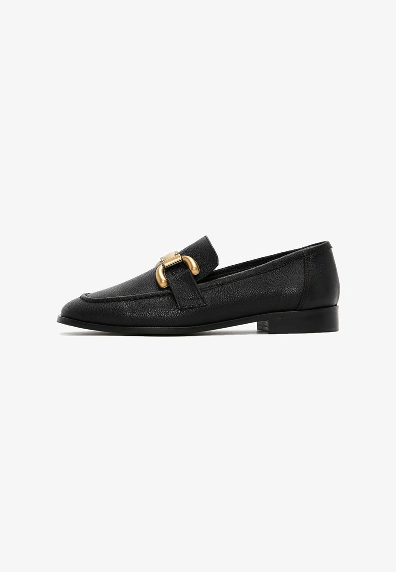 Black leather loafers with a textured finish, featuring a gold-tone buckle accent and a low heel design.