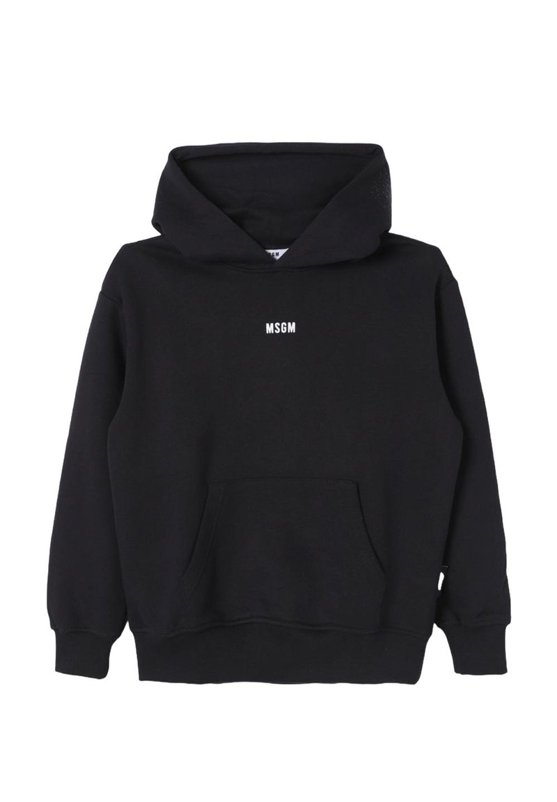 Felpa nera con cappuccio realizzata in morbido tessuto, dotata di tasca frontale, polsini a coste e logo "MSGM" bianco sul petto. Inclusa cappuccio regolabile.
