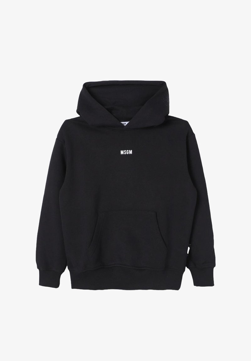Felpa nera con cappuccio realizzata in morbido tessuto, dotata di tasca frontale, polsini a coste e logo "MSGM" bianco sul petto. Inclusa cappuccio regolabile.