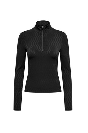 Top nero a maniche lunghe con colletto alto e mezza zip, caratterizzato da un motivo testurizzato e un design aderente, realizzato in un tessuto elasticizzato.