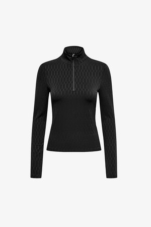 Top nero a maniche lunghe con colletto alto e mezza zip, caratterizzato da un motivo testurizzato e un design aderente, realizzato in un tessuto elasticizzato.