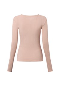 Długi rękaw, prążkowany top w miękkim różowym kolorze, z okrągłym dekoltem i dopasowanym krojem, wykonany z elastycznego materiału dla maksymalnego komfortu.