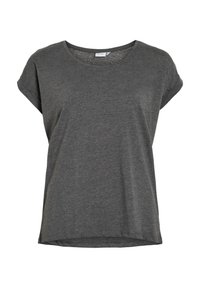 T-shirt gris à manches courtes en tissu doux avec un col rond et des bords retroussés, présentant une coupe décontractée et une texture subtile.