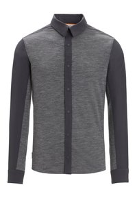 Pánská košile v tmavě šedé barvě s kombinací strukturované látky. Obsahuje zapínání na tlačítka vpředu, klasický límec a kontrastní tmavé rukávy.