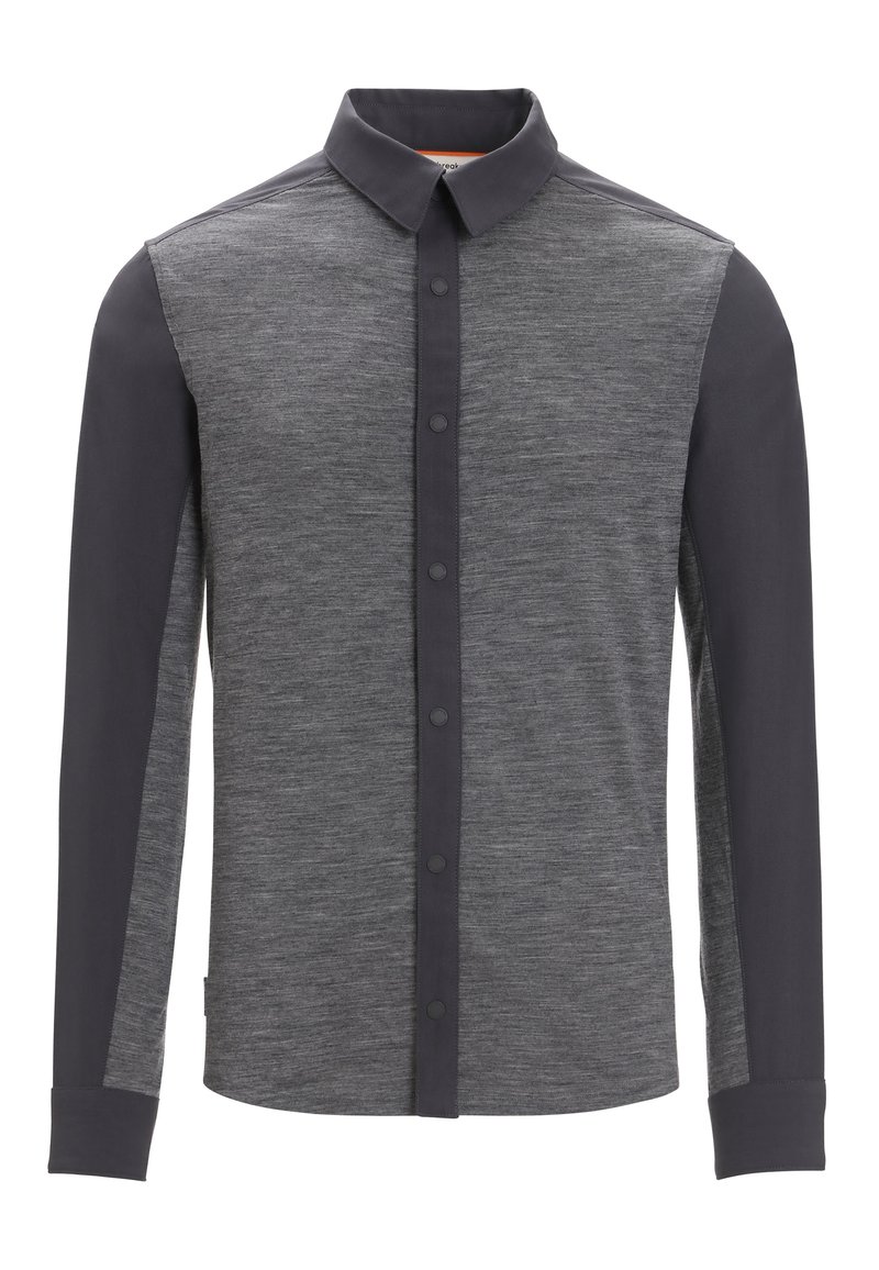 Pánská košile v tmavě šedé barvě s kombinací strukturované látky. Obsahuje zapínání na tlačítka vpředu, klasický límec a kontrastní tmavé rukávy.