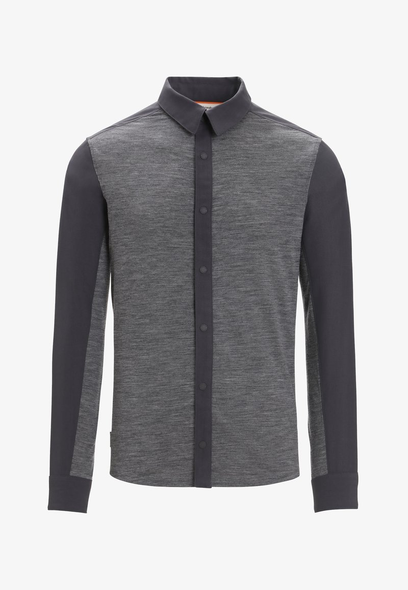 Pánská košile v tmavě šedé barvě s kombinací strukturované látky. Obsahuje zapínání na tlačítka vpředu, klasický límec a kontrastní tmavé rukávy.