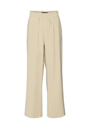 Pantalons beige à large jambe avec une taille élastique. Fabriqués dans un tissu doux, présentant une texture lisse et une coupe ample et confortable.