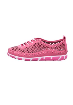 Pink casual shoe with white laces, geometric cut-out patterns, white and pink stitched sole, and low ankle design.