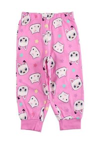 Pantalon de pyjama en coton rose, avec un motif de têtes de chat cartoon et des étoiles. Taille élastique et chevilles resserrées. Texture douce.