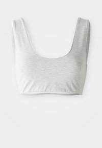 Gray cotton crop top with a U-neck design, wide shoulder straps, and white trim along the neckline and armholes. Soft texture, smooth finish.