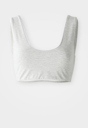 Gray cotton crop top with a U-neck design, wide shoulder straps, and white trim along the neckline and armholes. Soft texture, smooth finish.