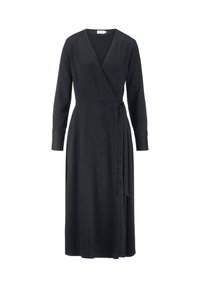 Schwarzes Wickelkleid mit langen Ärmeln, V-Ausschnitt, Taillenknoten, knielang, aus weichem Stoff mit glatter Textur.