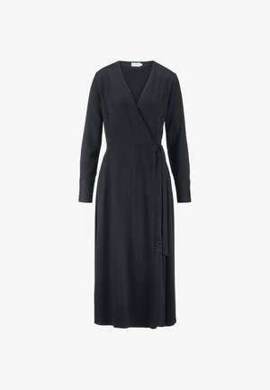 Schwarzes Wickelkleid mit langen Ärmeln, V-Ausschnitt, Taillenknoten, knielang, aus weichem Stoff mit glatter Textur.