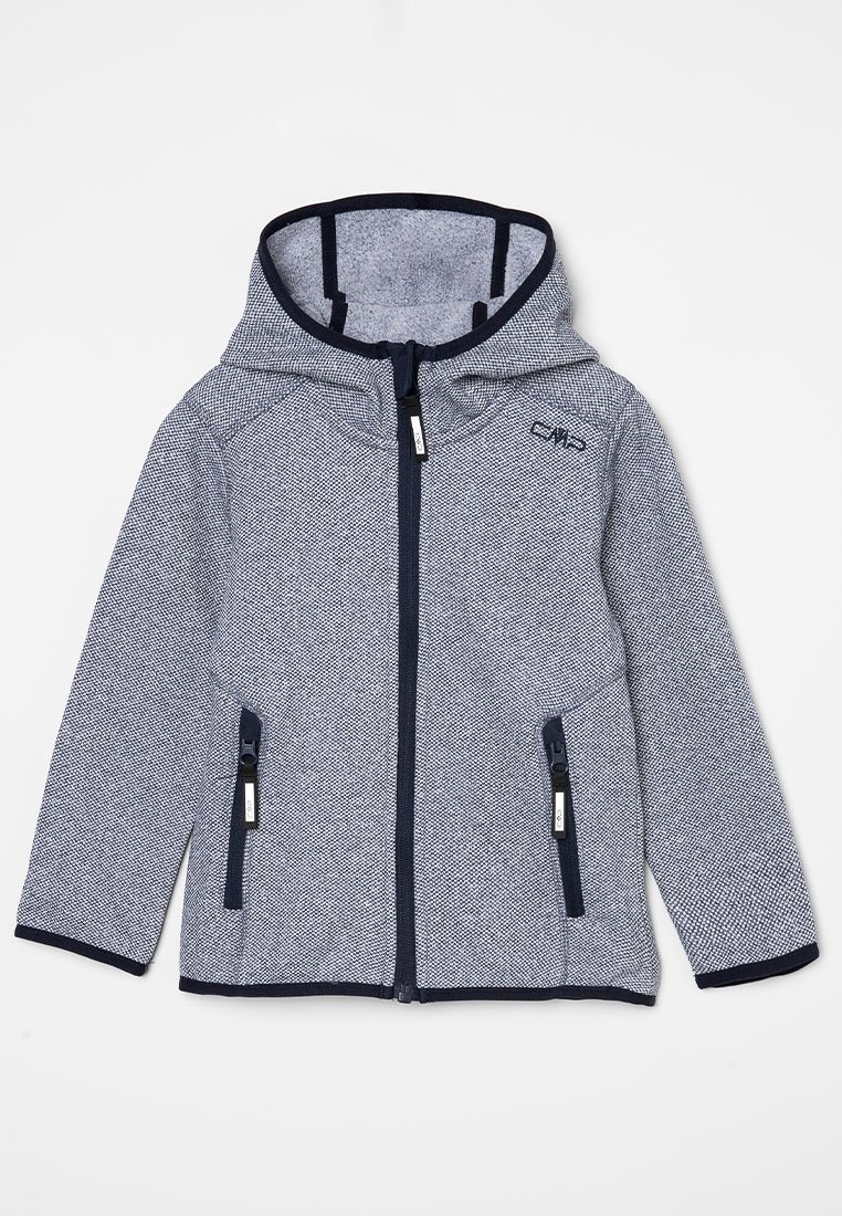 Veste à capuche zippée pour enfant, de couleur gris clair texturé avec des bordures bleu marine, deux poches zippées à l'avant et une capuche.