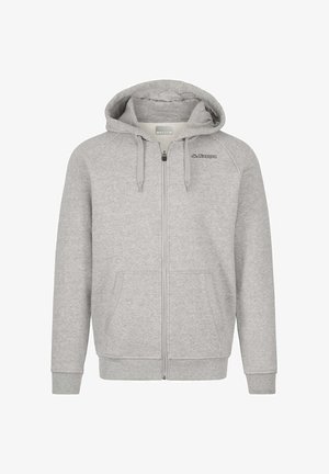 Felpa grigia con zip e cappuccio foderato, tasche frontali e un logo nero sul lato sinistro del petto. Tessuto morbido e testurizzato con una vestibilità comoda.
