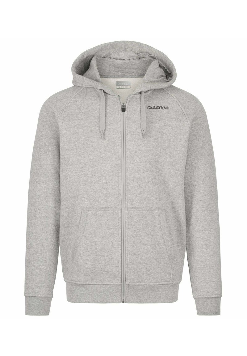 Felpa grigia con zip e cappuccio foderato, tasche frontali e un logo nero sul lato sinistro del petto. Tessuto morbido e testurizzato con una vestibilità comoda.