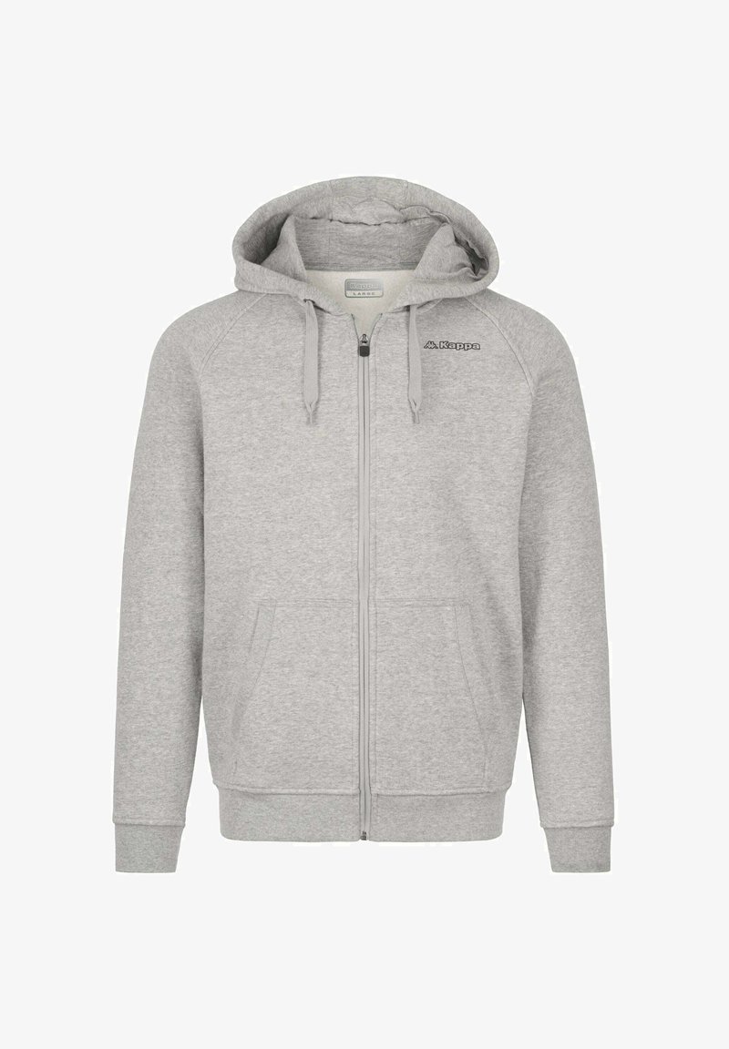 Felpa grigia con zip e cappuccio foderato, tasche frontali e un logo nero sul lato sinistro del petto. Tessuto morbido e testurizzato con una vestibilità comoda.