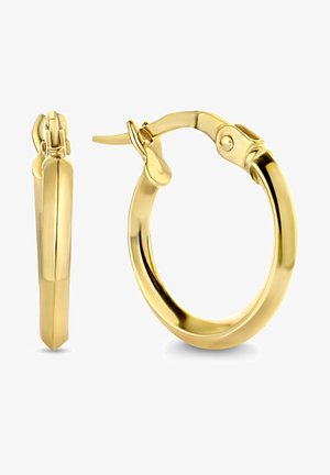 Paire de petites boucles d'oreilles créoles en or poli avec fermoir à charnière et surface lisse et arrondie.