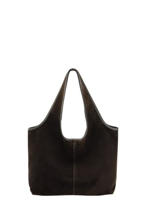 Brązowa torba typu tote zamszowa z szerokim, głębokim otworem i kontrastową obwódką, o gładkiej fakturze i minimalistycznym wzornictwie.