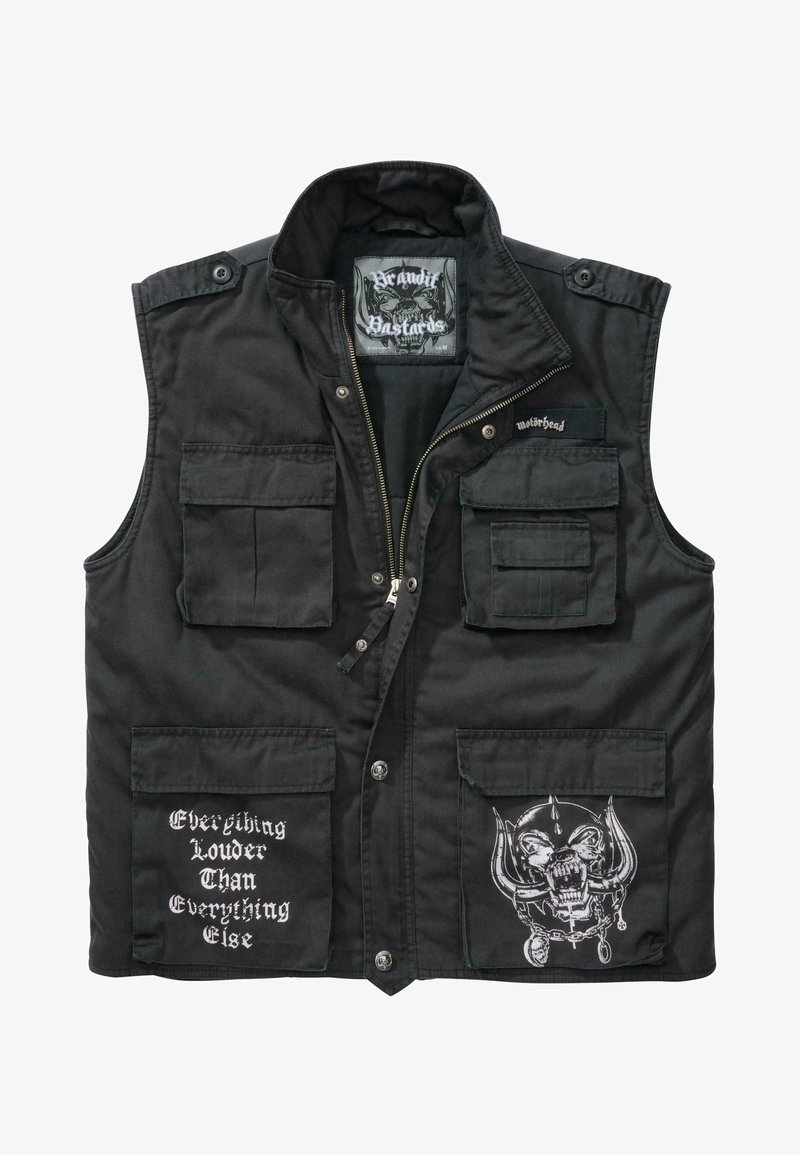 Svart ärmlös väst som är tillverkad av hållbart tyg, med flera framfickor, dragkedjestängning och vita tryckta mönster, inklusive text och grafik.